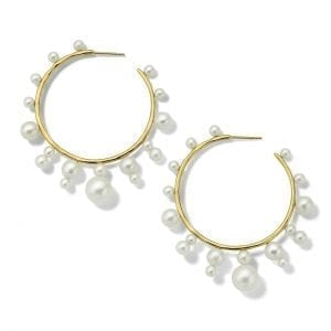 Ippolita Nova Radiating Hoop Earrings in 18kt Yellow Gold laying flat on white background