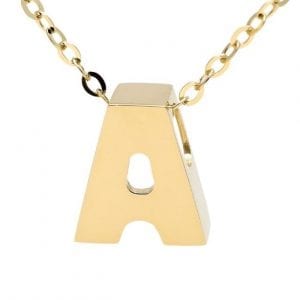 Yellow gold "A" 3D block initial pendant necklace suspended from gold cable chain