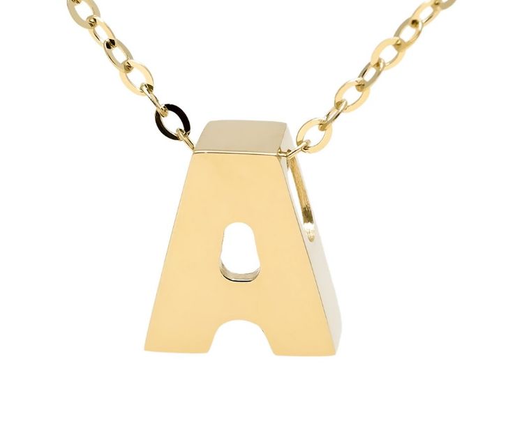 Yellow gold "A" 3D block initial pendant necklace suspended from gold cable chain