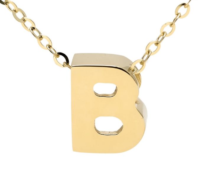 Yellow gold "A" 3D block initial pendant necklace suspended from gold cable chain