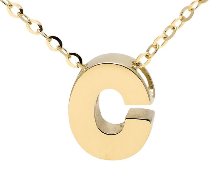 Yellow gold "A" 3D block initial pendant necklace suspended from gold cable chain