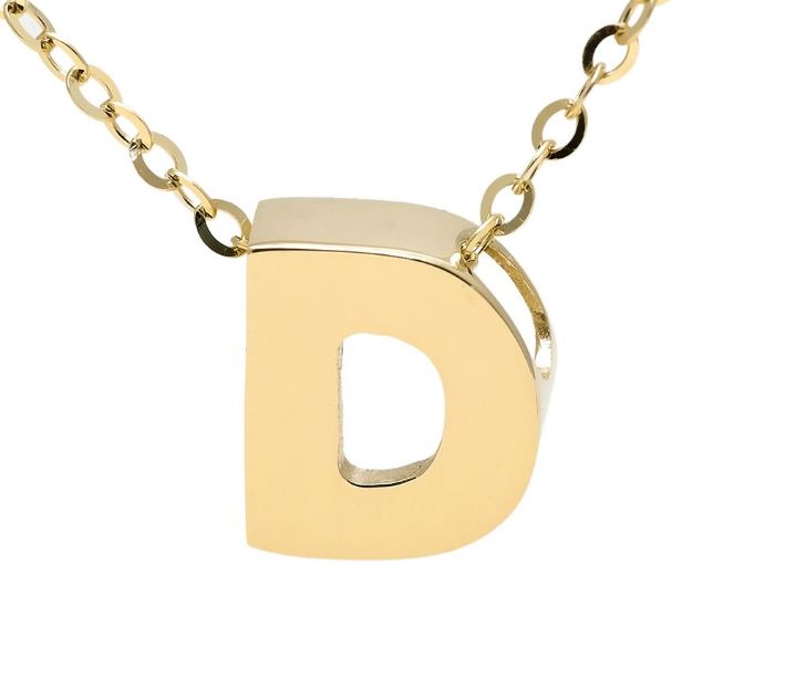 Yellow gold "A" 3D block initial pendant necklace suspended from gold cable chain