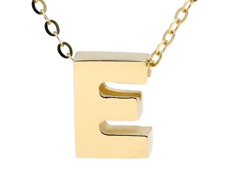 Yellow gold "A" 3D block initial pendant necklace suspended from gold cable chain