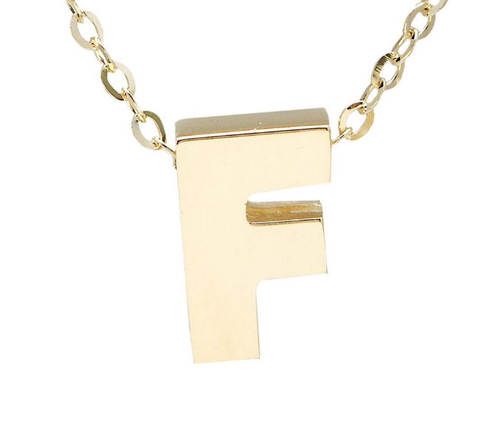 Yellow gold "A" 3D block initial pendant necklace suspended from gold cable chain