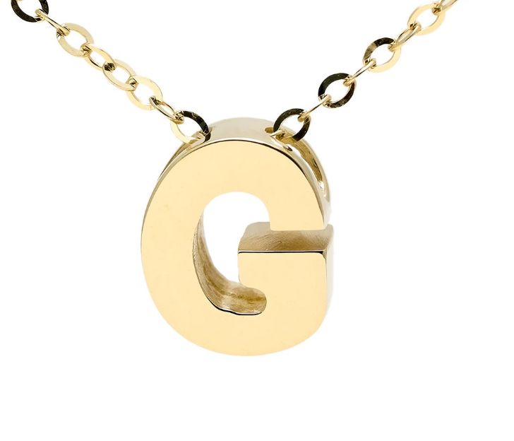 Yellow gold "A" 3D block initial pendant necklace suspended from gold cable chain