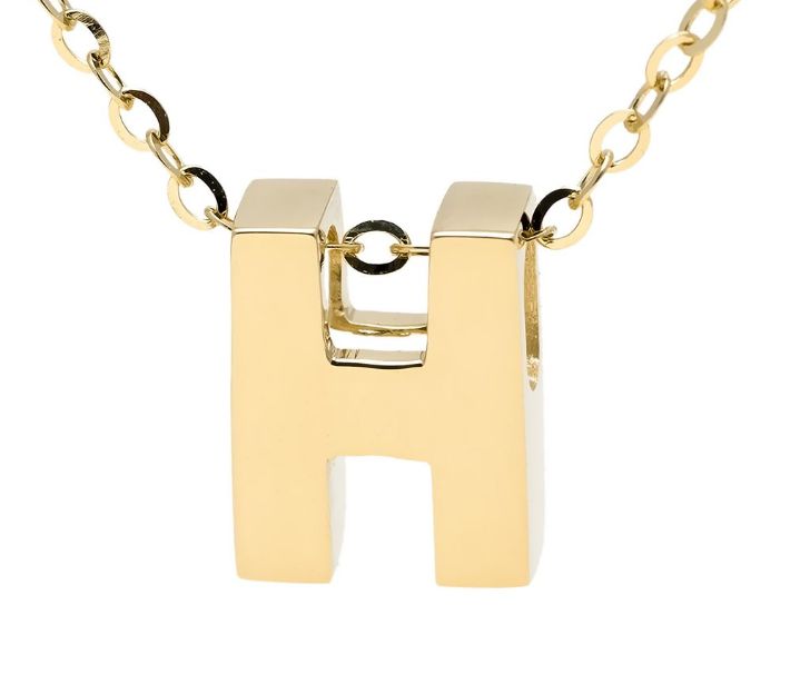 Yellow gold "A" 3D block initial pendant necklace suspended from gold cable chain