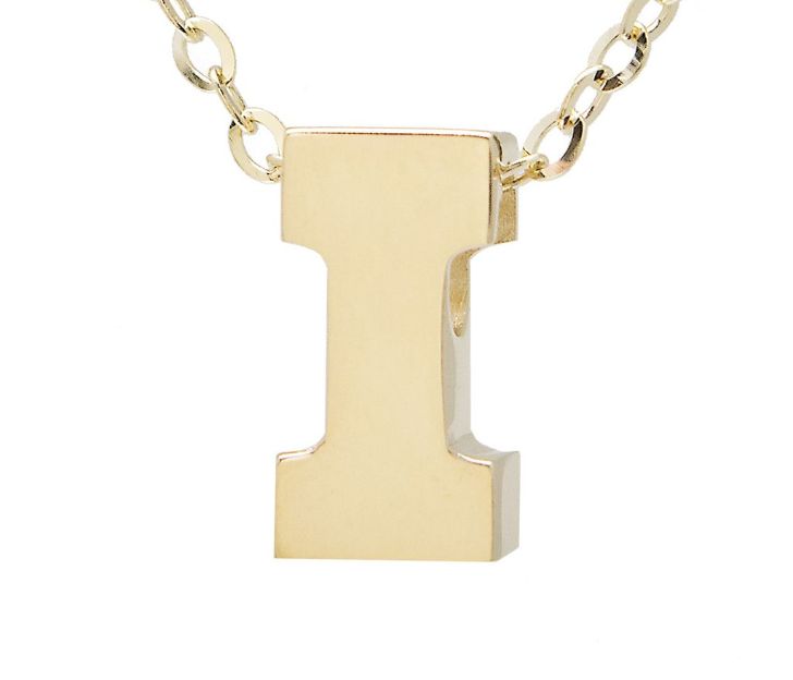 Yellow gold "A" 3D block initial pendant necklace suspended from gold cable chain