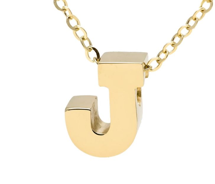 Yellow gold "A" 3D block initial pendant necklace suspended from gold cable chain