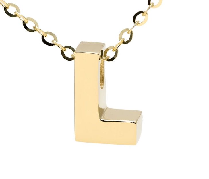 Yellow gold "A" 3D block initial pendant necklace suspended from gold cable chain