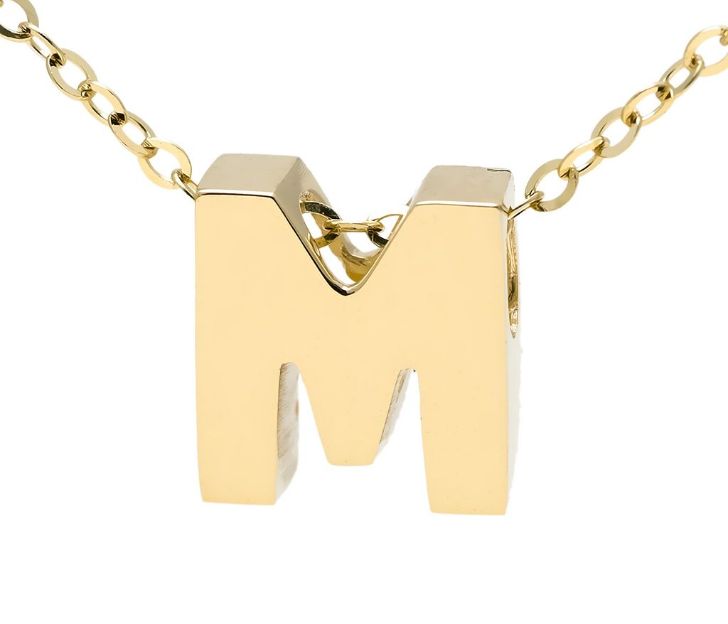 Yellow gold "A" 3D block initial pendant necklace suspended from gold cable chain