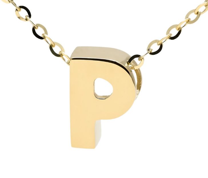 Yellow gold "A" 3D block initial pendant necklace suspended from gold cable chain