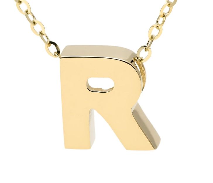 Yellow gold "A" 3D block initial pendant necklace suspended from gold cable chain