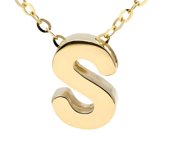 Yellow gold "A" 3D block initial pendant necklace suspended from gold cable chain