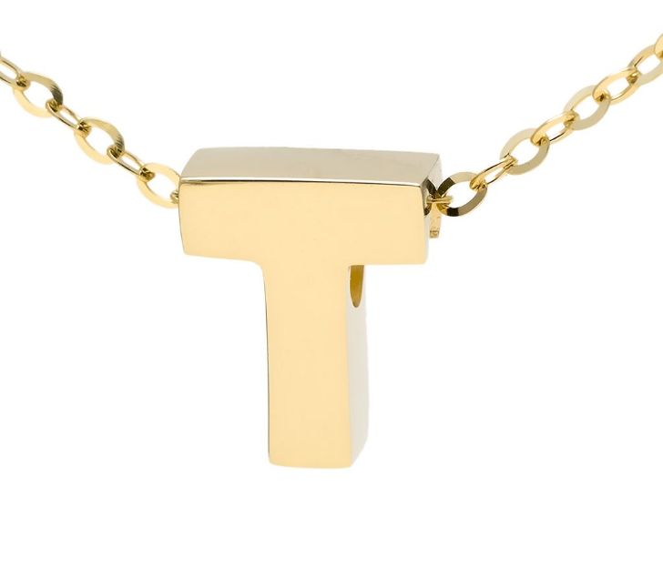 Yellow gold "A" 3D block initial pendant necklace suspended from gold cable chain