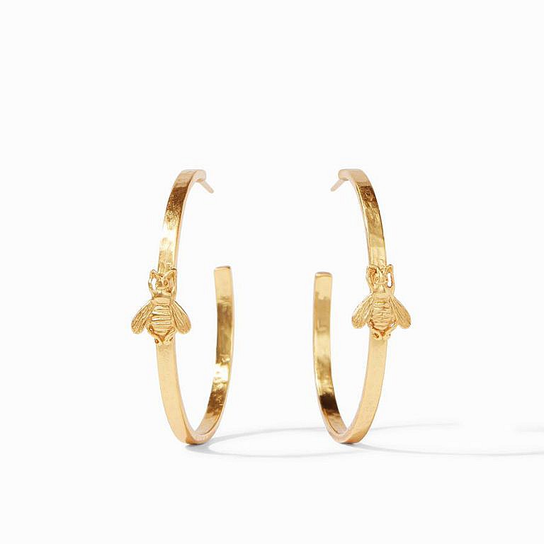 large yellow gold plate bee hoop earrings on white background