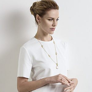 model wearing long gold station necklace