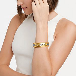 Julie Vos Cases Statement Hinge Bangle Bracelet in Iridescent Slate Blue on model