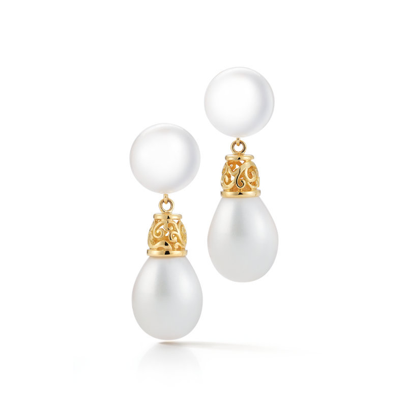 double pearl drop earrings on white background