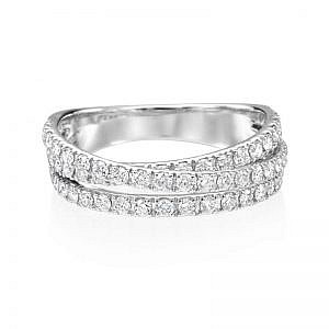 pave diamond crossover band in white gold on white background