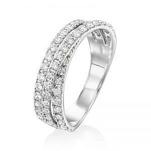 pave diamond crossover band in white gold sitting at angle on white background