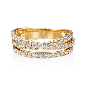 pave diamond crossover band in yellow gold on white background