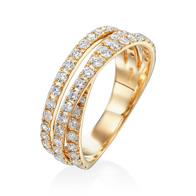 pave diamond crossover band in yellow gold sitting at angle on white background