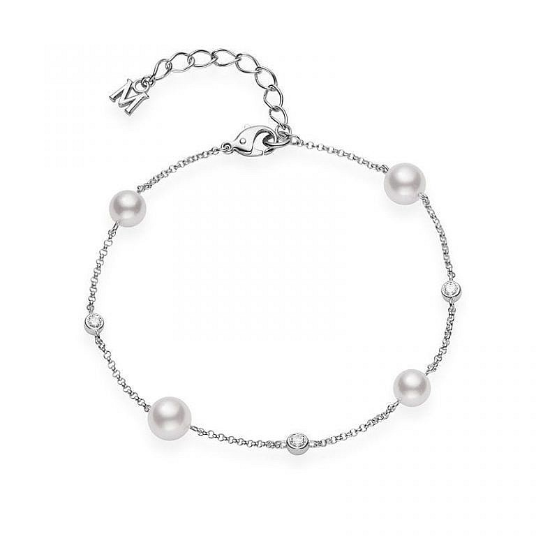 Akoya Cultured Pearl and Diamond Station Bracelet