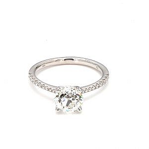 Old European cut diamond engagemnt ring with pave band on white background- 360 Video