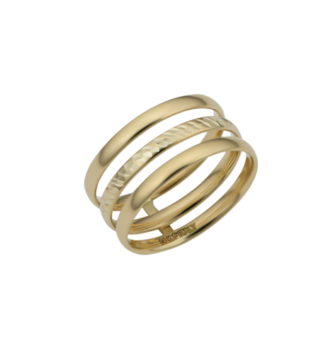 yellow gold triple band ring on white background