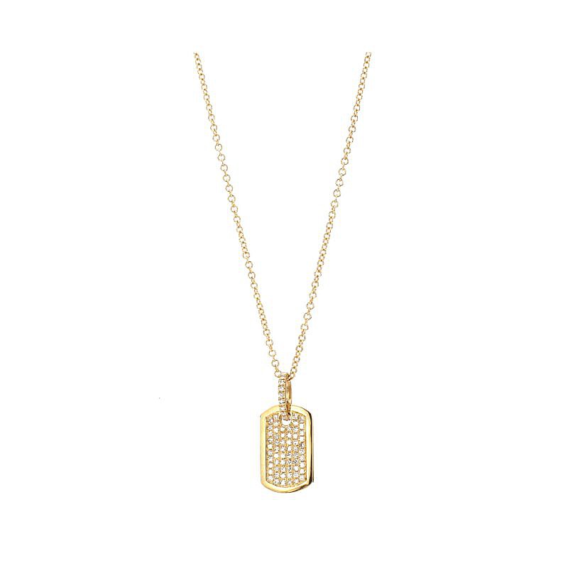 gold and diamond mini dog tag necklace on white background