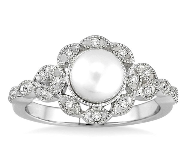 Sterling Collection Diamond Pearl Ring